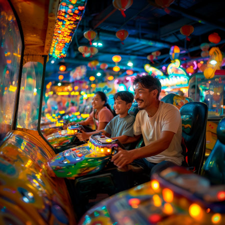 Unidentified people play a slot machine in the amusement park.の素材