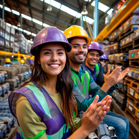 Portrait of smiling warehouse workers applauding in warehouse. This is a freight transportation and distribution warehouse. Industrial and industrial workers conceptの素材