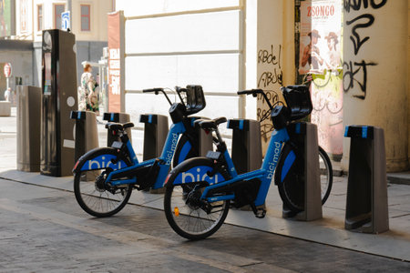Bicycle rental station in Barcelona, Spain. Bicycle rental system.のeditorial素材
