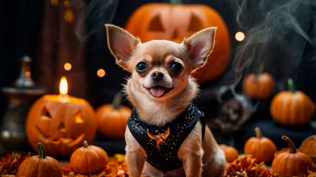 Cute chihuahua dog with halloween pumpkin backgroundの素材
