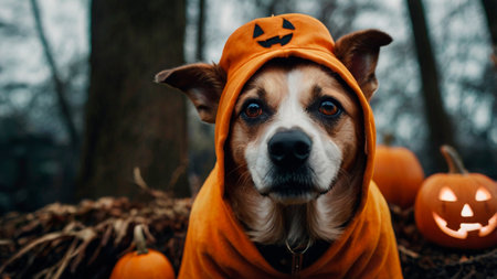 Jack Russell Terrier dog in orange Halloween costume with pumpkins in forest.の素材