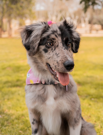 Australian shepherd puppy in a park in Australia. Selective focus.の写真素材