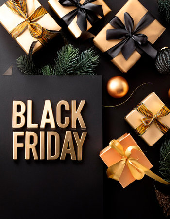 Black friday sale concept. Black Friday banner with golden text and gift boxes on black backgroundの素材
