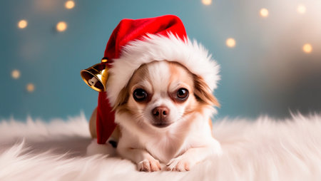 Chihuahua dog with christmas hat on bokeh backgroundの素材