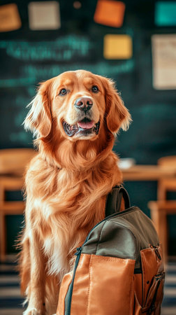 Cute Golden Retriever with a backpack in a cafe.の素材