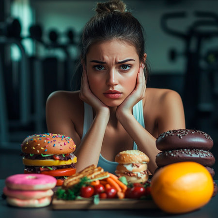 Young woman choosing between hamburgers and fresh vegetables at the gymの素材