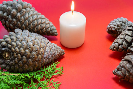 Christmas decoration with pine cones and a burning candle on a red backgroundの写真素材