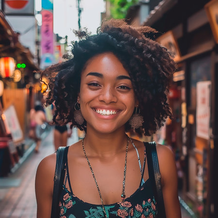 Young beautiful African American woman with afro hairstyle in the cityの素材