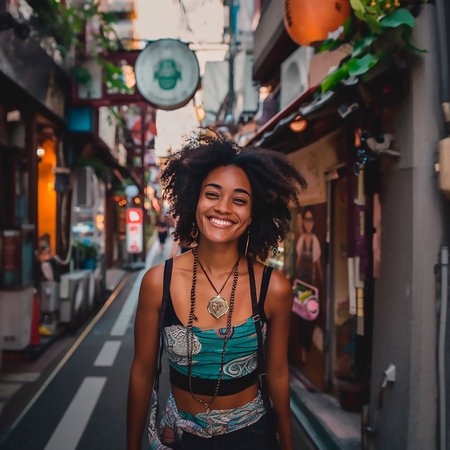 Beautiful young african american woman with afro hairstyle posing in the city streets.の素材