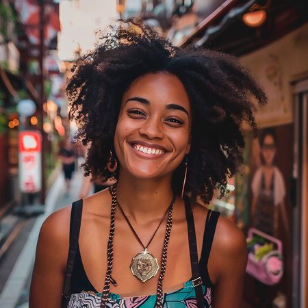 Beautiful african american woman with afro hairstyle posing in the city streetsの素材