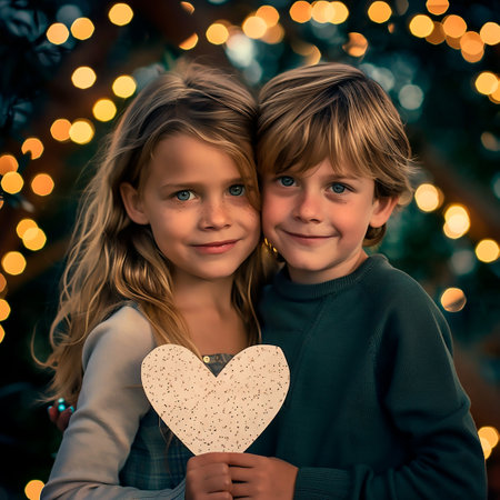Portrait of a boy and girl holding a heart in front of a Christmas treeの素材