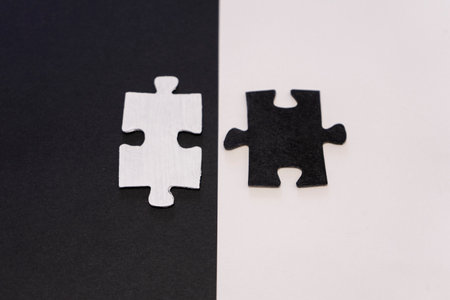 White and black puzzle pieces on black and white background. Business conceptの写真素材