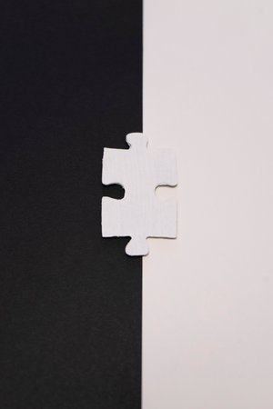 White jigsaw puzzle piece on black and white background with copy spaceの写真素材
