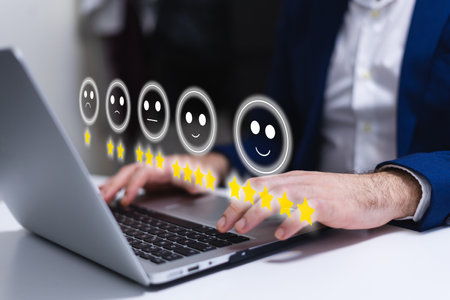 Customer satisfaction survey concept illustrated by a picture on a laptop computer background