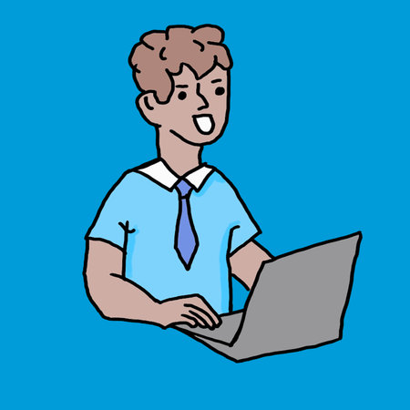 Young man with laptop. Vector illustration in cartoon style. Isolated on blue background.のイラスト素材