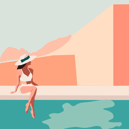Young woman sitting on the edge of a swimming pool. Vector illustrationの写真素材