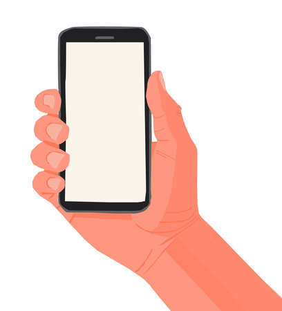 Hand holding smartphone with blank screen. Vector illustration in flat style.の写真素材