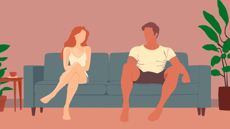 Man and woman sitting on sofa. Vector illustration in flat style.のイラスト素材