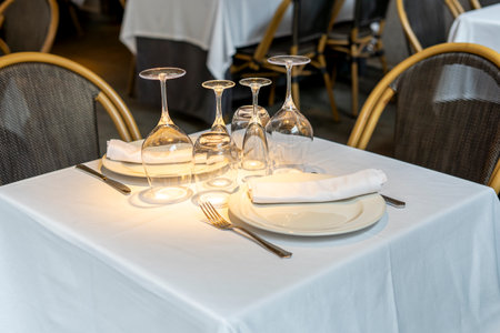 Table set for an event party or wedding reception in a restaurant.の写真素材