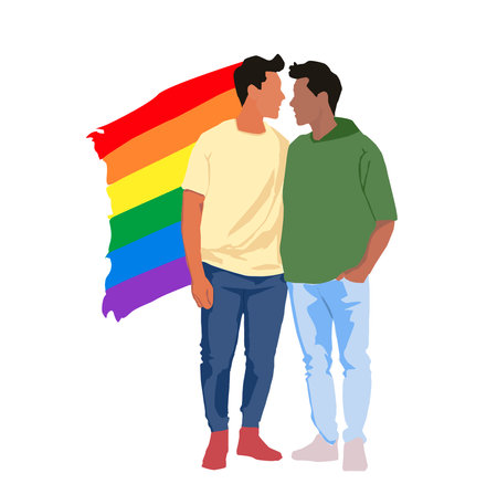 Gay couple hugging and holding a rainbow flag. LGBT community. Vector illustration.の写真素材