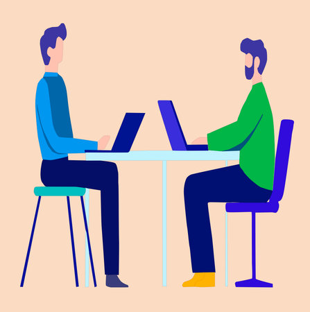 Two men working on laptop at office. Colleagues sitting at desk and working on computer. Teamwork concept. Vector illustration in flat styleの写真素材