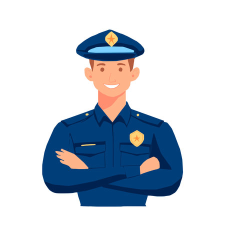 Vector illustration of a smiling police officer in a blue uniform and cap, posing with his arms crossed. Cartoon style, white background. Ideal for security, law, protection, or puのイラスト素材