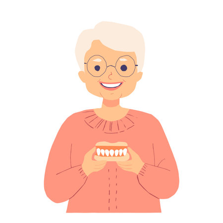 Vector illustration of an older woman with gray hair and glasses, smiling while holding her dentures in both hands. Dental health and well-being.のイラスト素材
