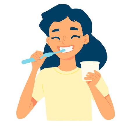 Vector illustration of a happy woman brushing her teeth with a blue toothbrush and holding a glass, white background.のイラスト素材