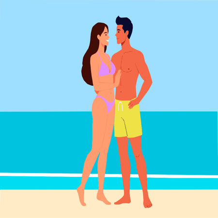 Vector illustration of a man and woman on the beach in swimsuits, enjoying summer and tourism. Vacation and relaxation concept.のイラスト素材