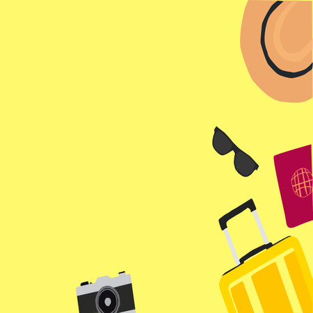 Travel and vacation concept with hat, sunglasses, suitcase and camera. Vector illustrationのイラスト素材