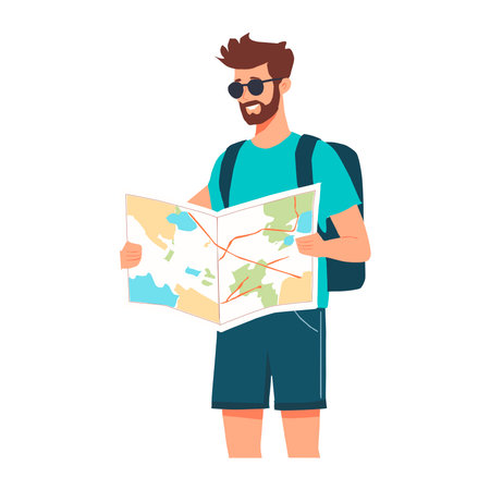 Vector illustration of a male traveler reading a map, planning his trip.のイラスト素材