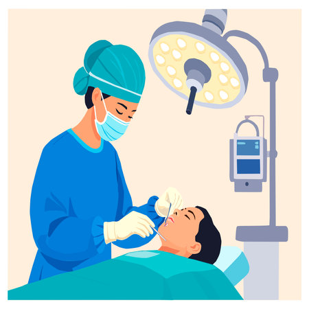 Vector illustration of a female surgeon performing surgery in an operating room, wearing a mask, gloves, and a surgical light, depicting a professional medical scene.のイラスト素材