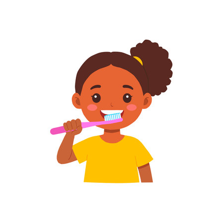 Cute african american girl brushing her teeth vector Illustrationの写真素材