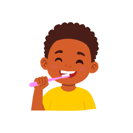 Cute African American Boy Brushing Teeth Vector Illustration.の写真素材