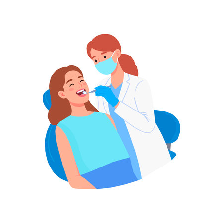 Dentist examining female patient teeth, cartoon vector Illustration isolated on a white background.の写真素材