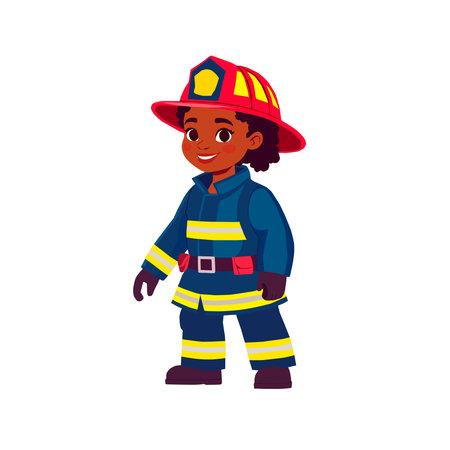 Cute african american firefighter boy in uniform and helmet vector Illustrationの写真素材