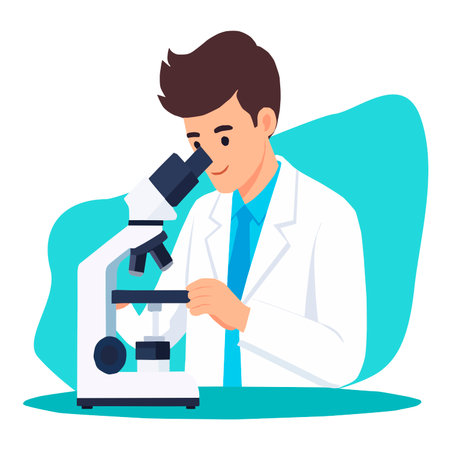 Scientist working with a microscope in the laboratory. Flat style vector illustration with a white background.のイラスト素材