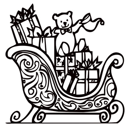 Black and White Cartoon Illustration of Christmas Sleigh with Gifts and Bearのイラスト素材