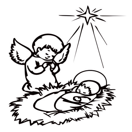 Nativity Scene with baby Jesus and Mary, black and white vector illustrationのイラスト素材