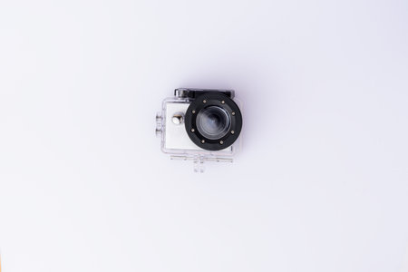 Old camera isolated on white background. Top view. Flat lay.