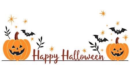 Vector illustration of a Halloween greeting with smiling pumpkins, flying bats and stars on a white background. Perfect for banners, invitations, and festive Halloween designs.のイラスト素材