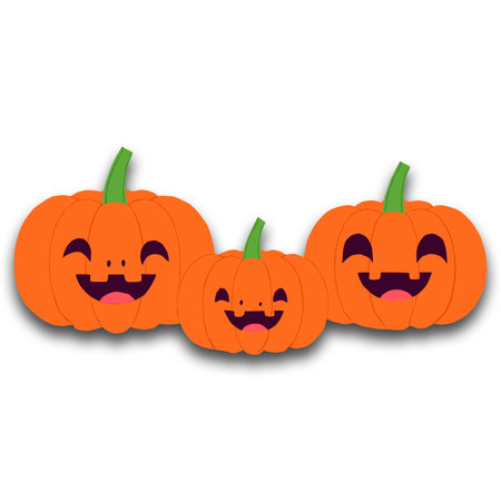 Vector illustration of three Halloween pumpkins with spooky expressions, isolated on a white background. Ideal for Halloween decorations, cards, and themed designs.のイラスト素材