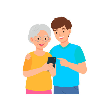Cartoon vector illustration of a happy elderly grandmother and her grandson using a smartphone together. Modern family technology concept. Isolated on white background.のイラスト素材