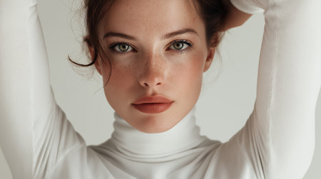 Portrait of beautiful young woman with freckles on her faceの素材