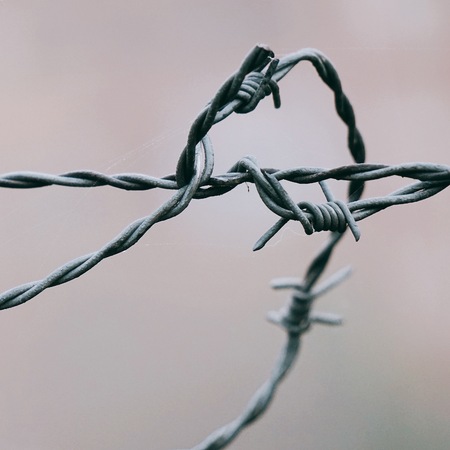 old metallic barbed wire fenceの写真素材