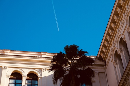 plane in the blue sky. Bilbao. spainの写真素材