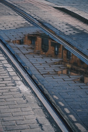 railroad tracks in the station in the street. Bilbao. Spain.