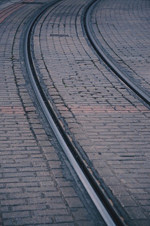 railroad tracks in the station in the street. Bilbao. Spain.の写真素材