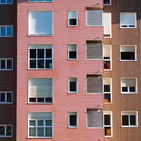old window on the pink facade of the house in Bilbao city Spainの写真素材