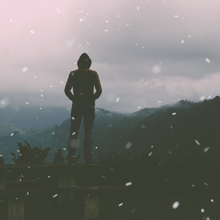 man in the mountain in winter, Bilbao, Spainの写真素材